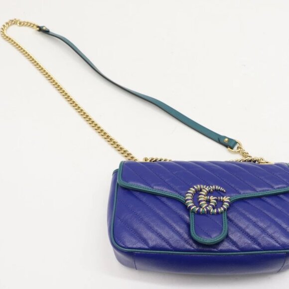 Gucci GG Marmont Small Shoulder Bag Blue Matelassé Leather - Picture 10 of 13